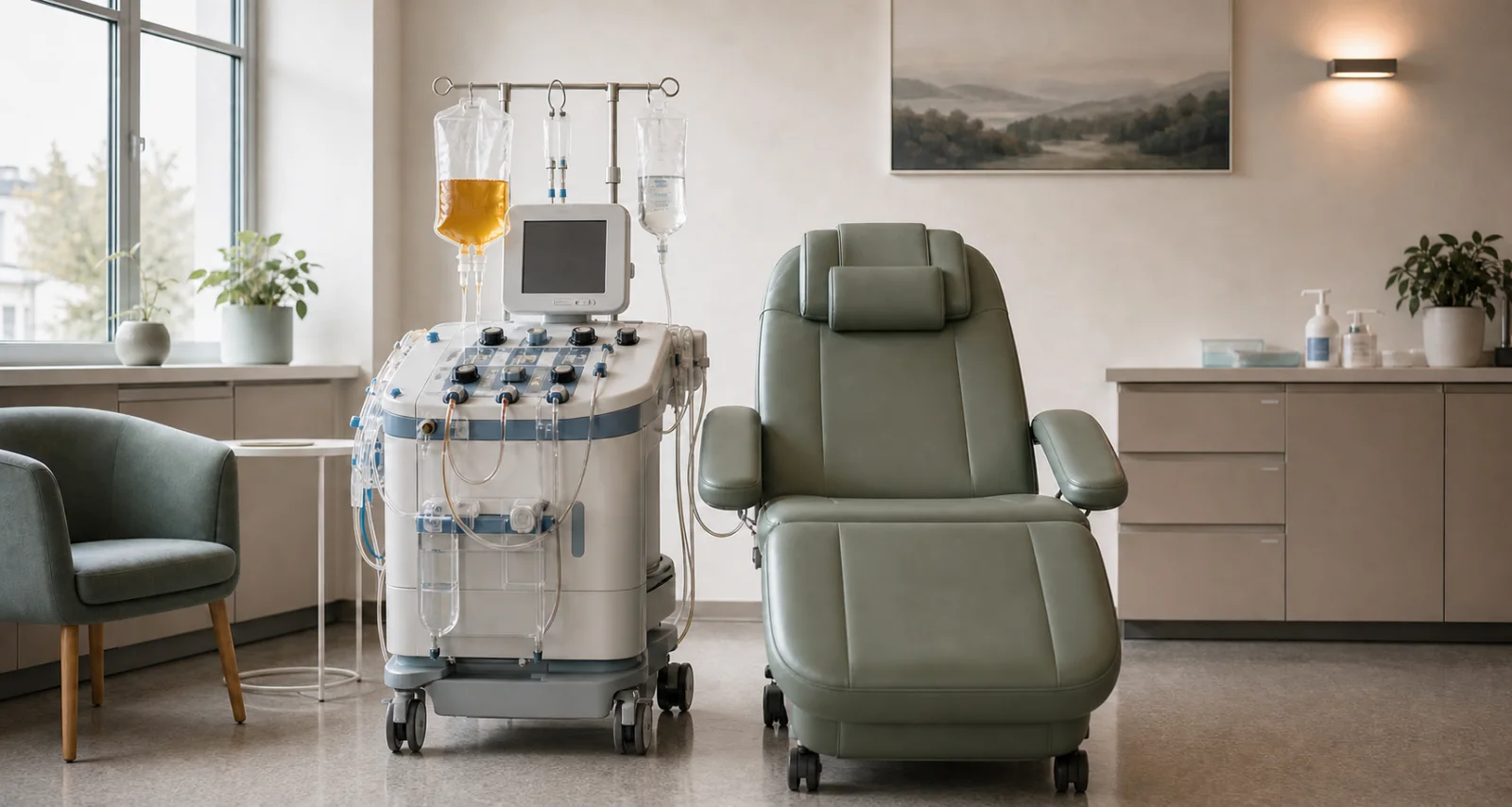 Apheresis machine beside an empty clinical treatment chair
