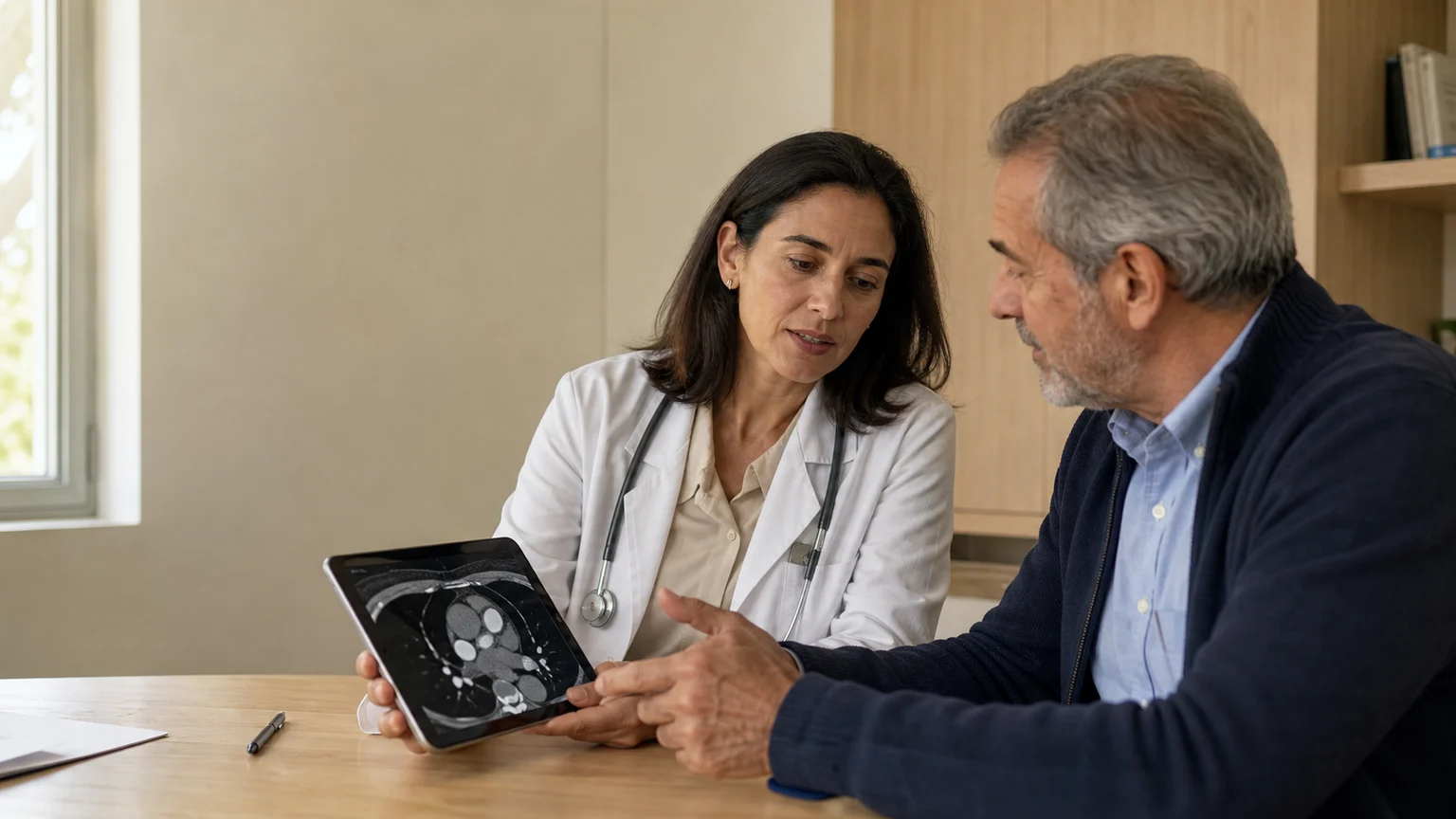 Doctor reviews a cardiac image with a patient during a preventive consultation