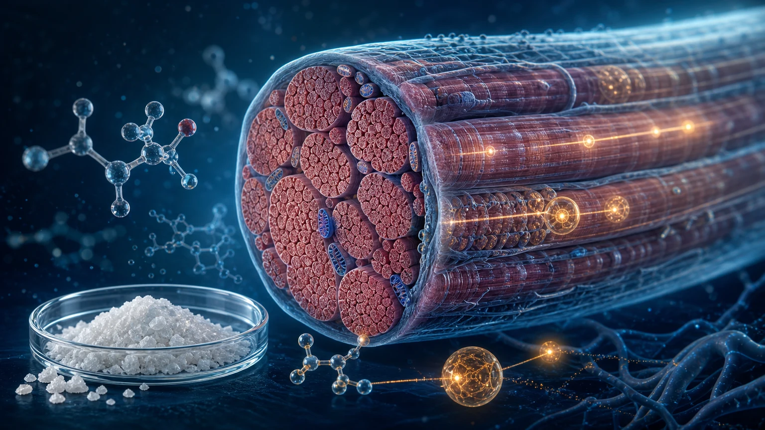 Visualización científica de fibras musculares, moléculas y cristales de creatina monohidrato