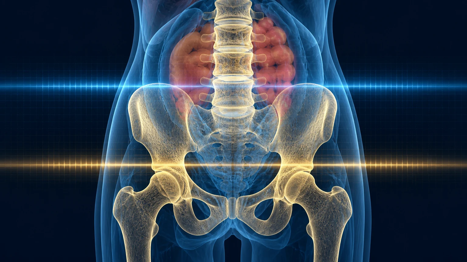Scientific DEXA visualization of the spine, pelvis, lean tissue and visceral fat
