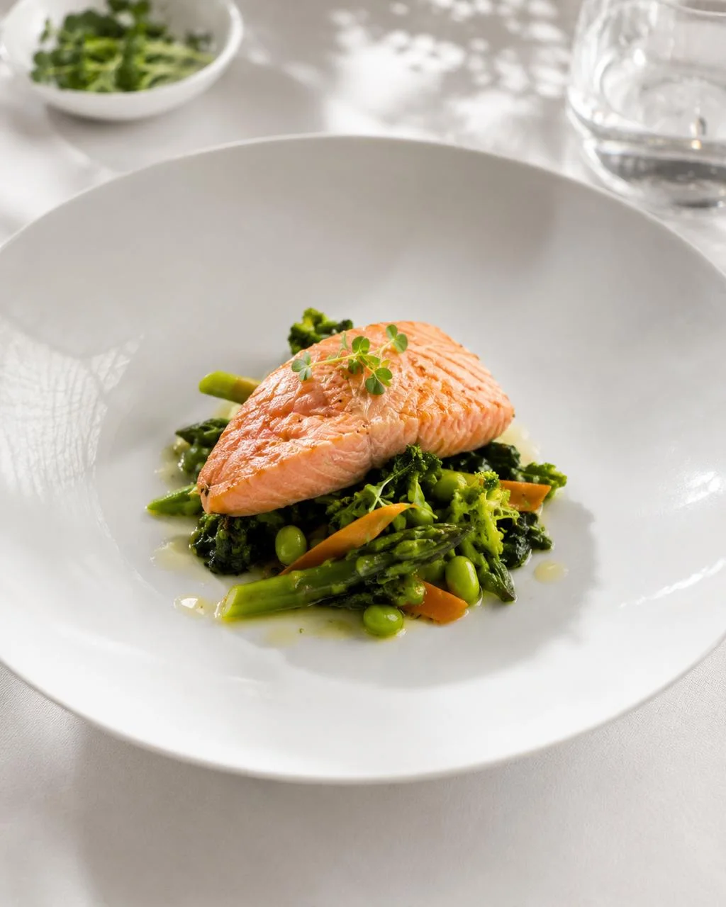 Plato de salmón con verduras servido dentro del enfoque de nutrición antiinflamatoria de Progevita